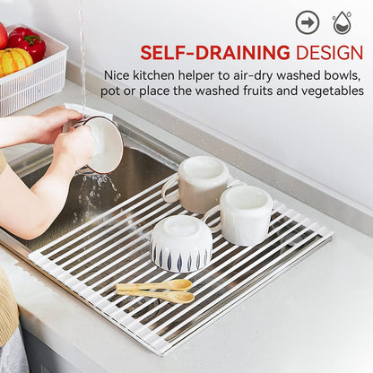 MERRYBOX Triangle Roll Up Dish Drying Rack Over The Sink, 2025 Anti-Rust Sink Drying Rack with Full Silicone Wrapped for Top of Corner, Anti-Slip Organizer for Kitchen