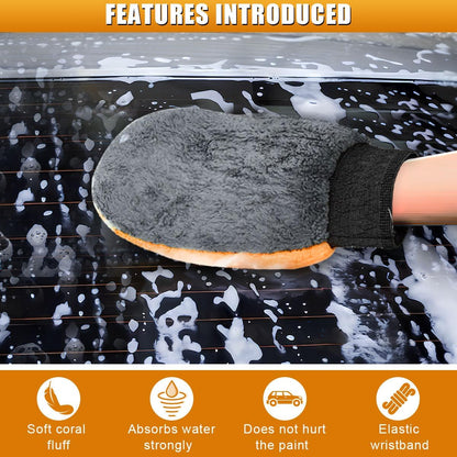 2PCS Car Wash Mitt, Coral Fleece Microfiber Dusting Mitt with Thumb, No Scratch No Lint Cleaning Glove with Elastic Wrist Cuff, Reusable Car Washing and Detailing Supplies (Thumb)
