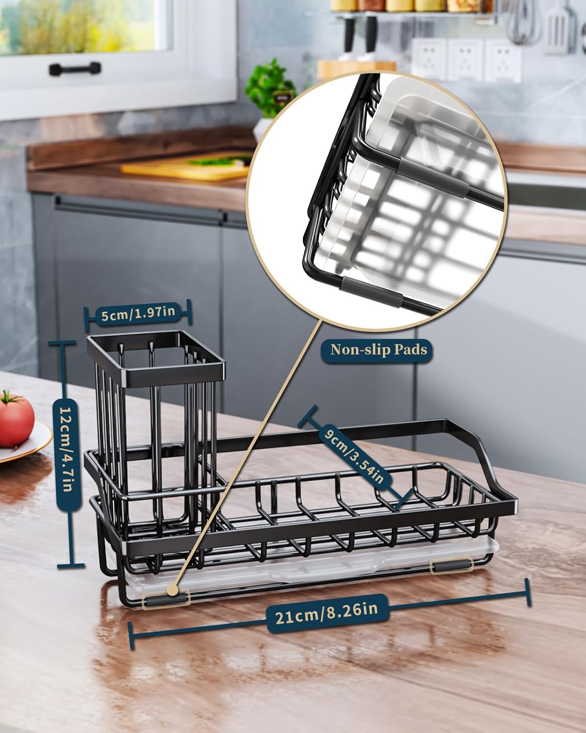 Consumest Sink Caddy, Kitchen Sponge Holder with Dish Brush Holder, Kitchen Organizer with Drip Tray for Countertop, Stainless Steel Rustproof - Silver