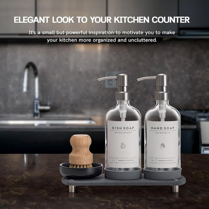 [Luxury] Kitchen Soap Dispenser Set - 16OZ Amber Glass Bottle, Stainless Steel Pump, Instant Dry Tray, Waterproof Labels, Non-Slip Silicone Pad, and Dish Brush | Upgrade for Your Kitchen and Bathroom