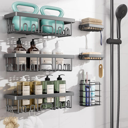 Veken Shower Caddy 6-Pack, Advanced Rustproof Design, No Drilling Adhesive Shelves, Rack with Soap Holder, Large Capacity Bathroom Organizers and Storage, Wall-Mounted, Gifts for Women Mom