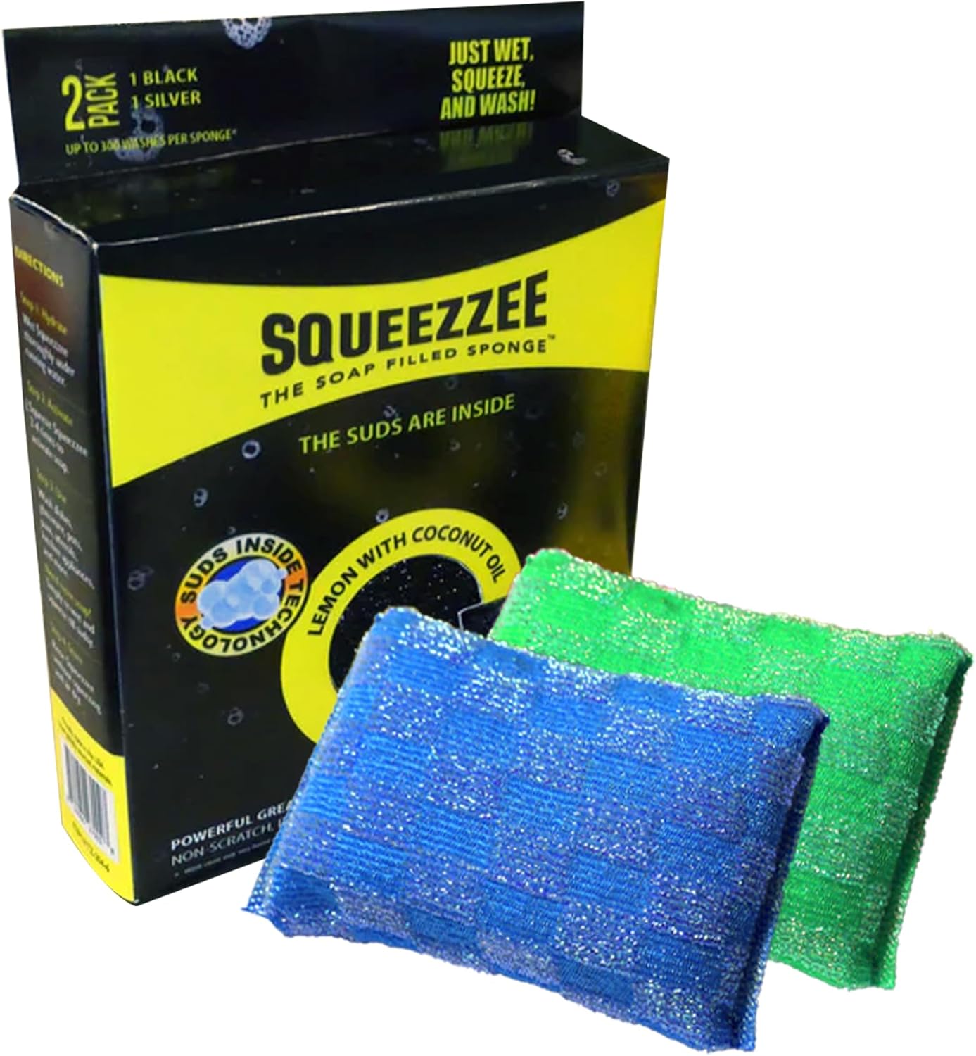Squeezzee Soap Filled Scrubber Sponges 2-Pack - Non Scratch Scrubbing Sponge with Built-in Dishwashing Liquid Dish Soap, Double Sided Kitchen Cleaning Scrubbers, Up to 300 Washes Per Sponge
