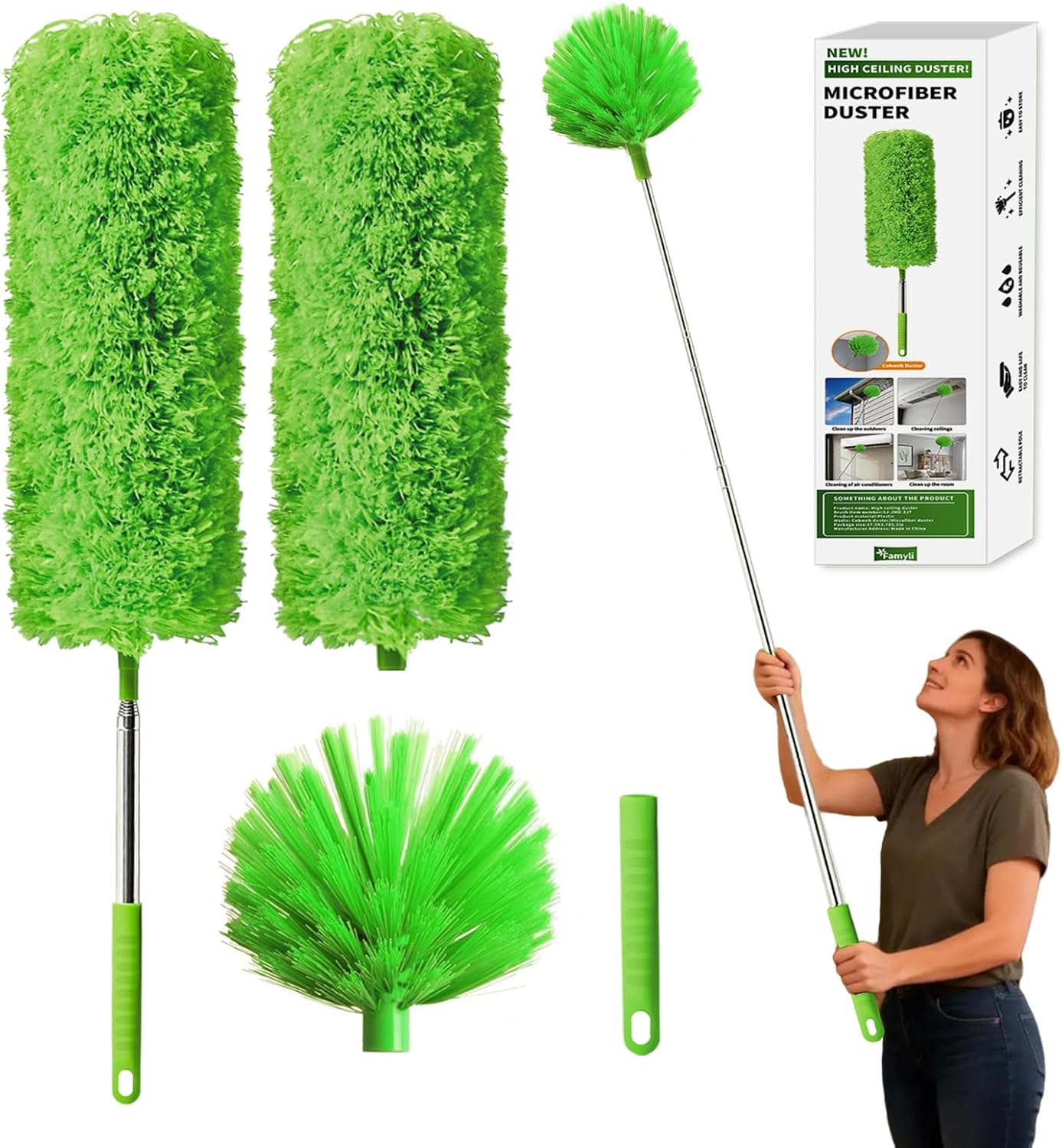 Cobweb Duster with Extension Pole, Washable Cleaning Duster Kit with 3 Duster Heads, Cobweb Duster, Corner Brush, Aluminum Telescoping Pole for high Ceiling Fan，Spider Web Brush with Extension Pole