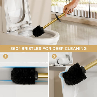 FORIOUS Toilet Brush and Holder Set, Heavy Duty 304 Stainless Steel Base Square and Long Handle for Bathroom Deep Cleaning, Drip-Proof, Space Saving for Storage, 2 Toilet Bowl Brush Head, Black