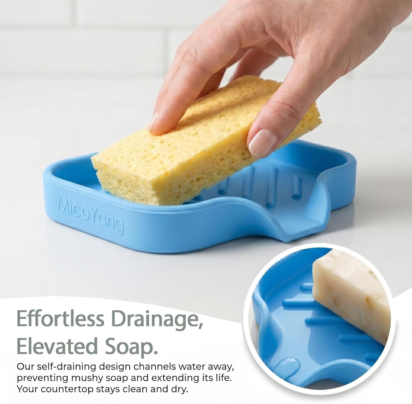 MicoYang Silicone Bathroom Soap Dishes with Drain Spout-Bathroom and Kitchen Sink Organizer,Sponge Holder,Dish Soap Tray,Perfect for Dispenser,Scrubber,Bottle,Cup on Sink or Counter-Black 4.9"×3.2"
