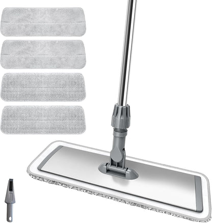 17.7" Microfiber Mop for Floor Cleaning, 59in Long Adjustable Stainless Steel Handle, 360° Rotating Large Flat Mops, 4 Washable Pads for Dry & Wet Cleaning for Hardwood, Vinyl, Laminate, Grey