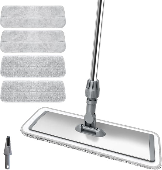 17.7" Microfiber Mop for Floor Cleaning, 59in Long Adjustable Stainless Steel Handle, 360° Rotating Large Flat Mops, 4 Washable Pads for Dry & Wet Cleaning for Hardwood, Vinyl, Laminate, Grey