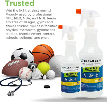 Clear Gear Gym Disinfectant, Yoga Mat Cleaner, Deodorizer For Sports Equipment, Gyms, and Fitness Centers - Mixed Pack - 16 Oz and 32 Oz Bottle Hospital grade Disinfectant Spray Pack