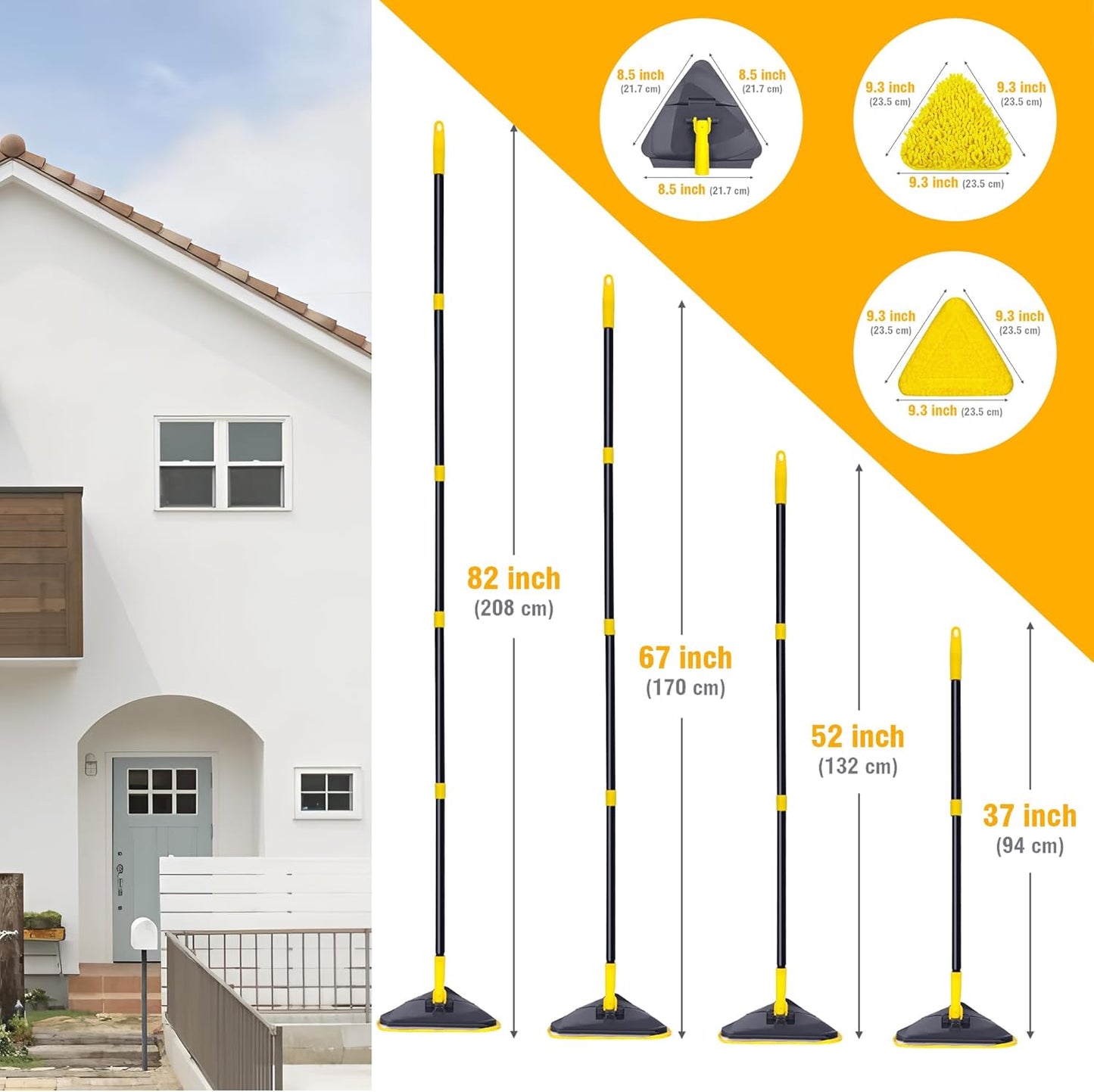 Wall Cleaner Mop with 82" Handle, 360° Rotating Triangle Head and Microfiber Pads, Built-in Squeegee for Ceiling Mop, Baseboard Cleaning and Windows