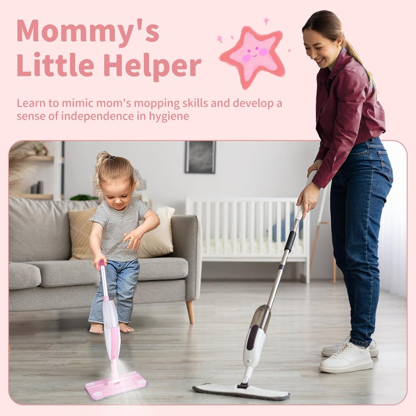 Kids Spray Mop, Fun & Functional Toddler Mop Cleaning Set,Real Working Mini Mop, Pretend Play Toy –Includes Spray Bottle,Washable Microfiber Pads, Montessori Kids Cleaning Toy Set -Green