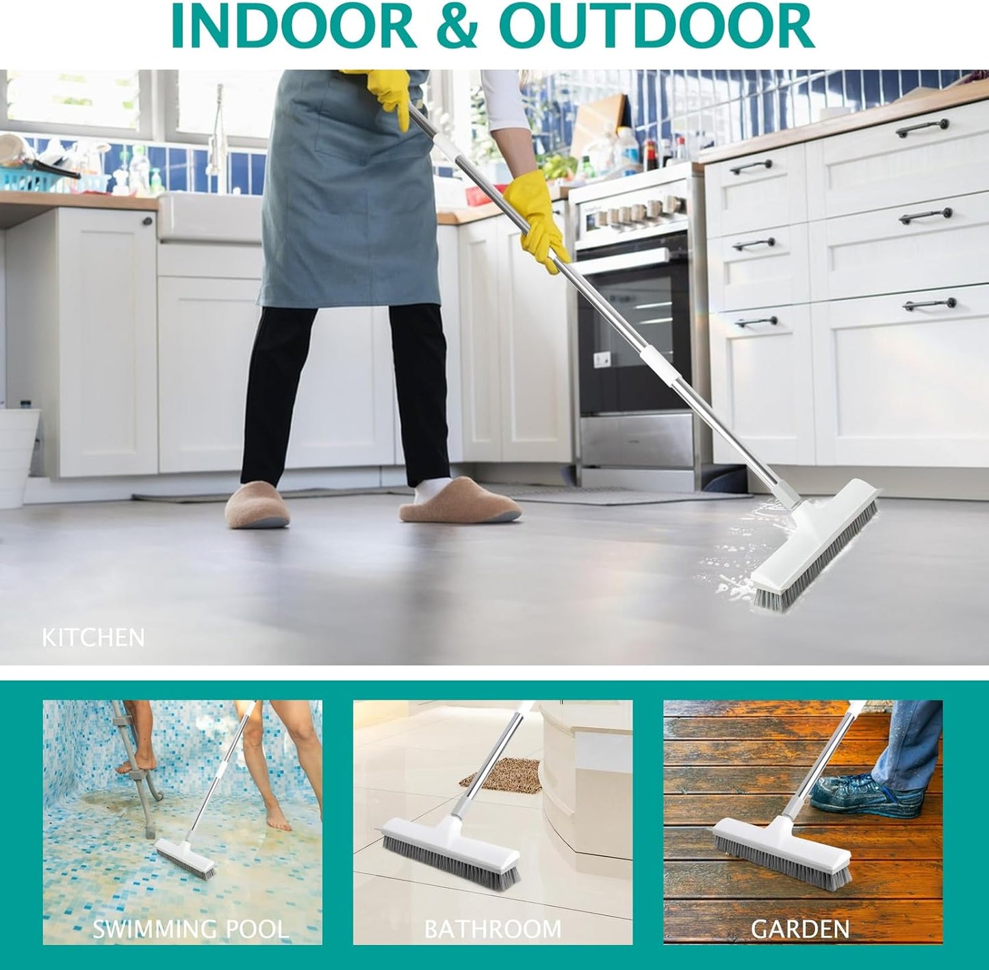 Floor Scrub Brush and V-Shape Grout Brush with Long Handle 3 in 1 Replaceable Head Scrape Brush Stiff Bristle with Swivel Head for Cleaning Tiles Hardwood Floors Patios Blue