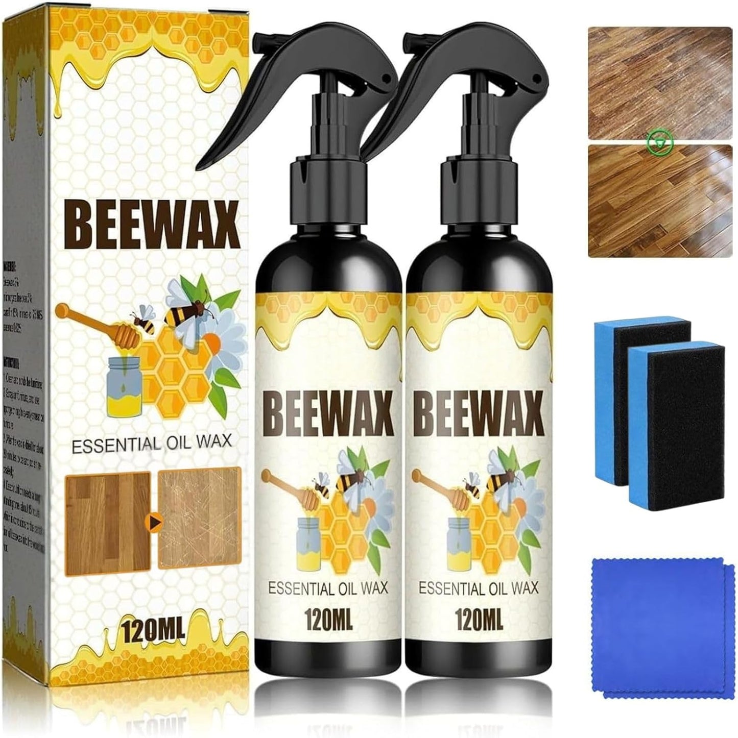 Beewax Essential Oil Wax, 2PCS Beeswax Spray, Beeswax Spray Furniture Polish, Bees wax Wood Polish, Bees wax Care spray & Restorer for Wood Floors, Furniture, Tables, Cabinets