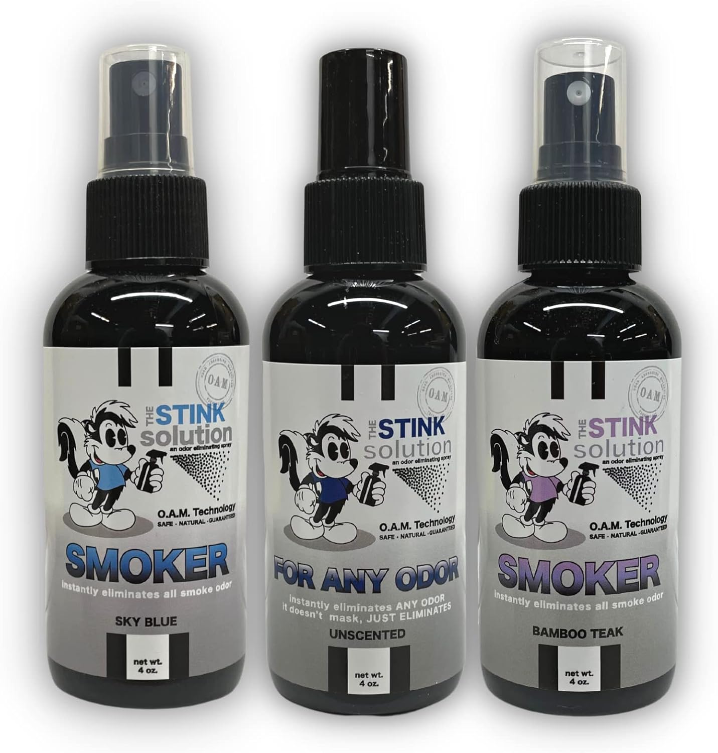The Stink Solution Smoke Odor Eliminator Spray - Completely Remove Smoke Smell From House, Car, Clothes, Hair, & More - Best Odor Eliminator For Smoke - Bamboo Teak, Sky Blue, & Unscented 4 oz Bottles