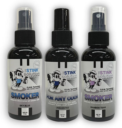 The Stink Solution Smoke Odor Eliminator Spray - Completely Remove Smoke Smell From House, Car, Clothes, Hair, & More - Best Odor Eliminator For Smoke - Bamboo Teak, Sky Blue, & Unscented 4 oz Bottles