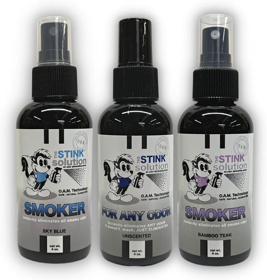 The Stink Solution Smoke Odor Eliminator Spray - Completely Remove Smoke Smell From House, Car, Clothes, Hair, & More - Best Odor Eliminator For Smoke - Bamboo Teak, Sky Blue, & Unscented 4 oz Bottles