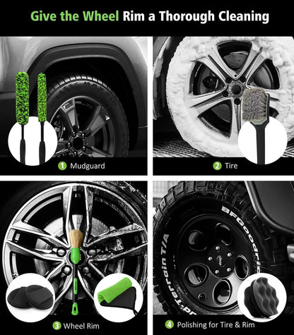 YeewayVeh 8PCS Ultimate Wheel and Tire Brush Kit | 2-Size 360° Bendable Rim Brushes, Boar Hair Detailing Brush, Tire Shine Applicators & Microfiber Towel | Complete Scratch-Free Cleaning & Shining Set