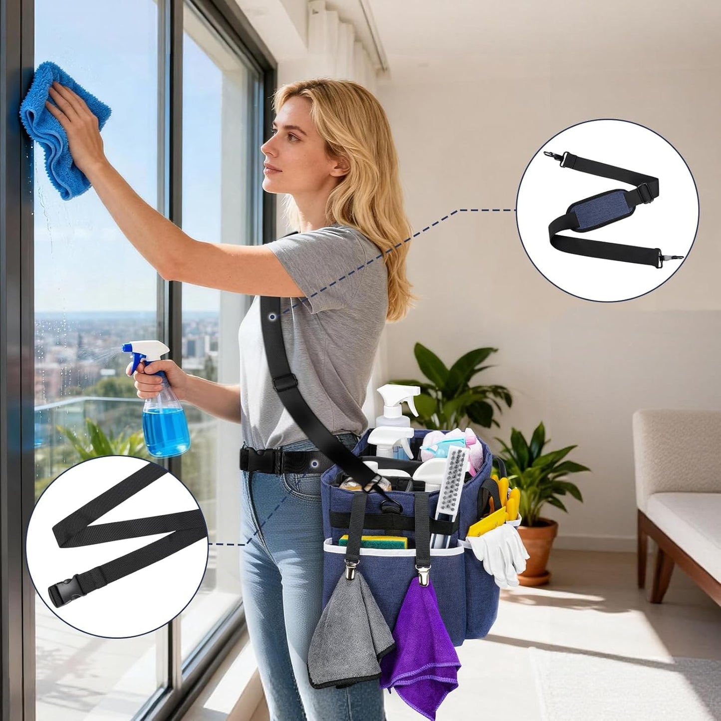 Ytonet Wearable Cleaning Caddy Bag, Large Cleaning Supplies Organizer with 4 Foldable Dividers, Kitchen Caddy Organizer with Handle & Adjustable Shoulder Straps for Cleaners & Housekeeper, Blue