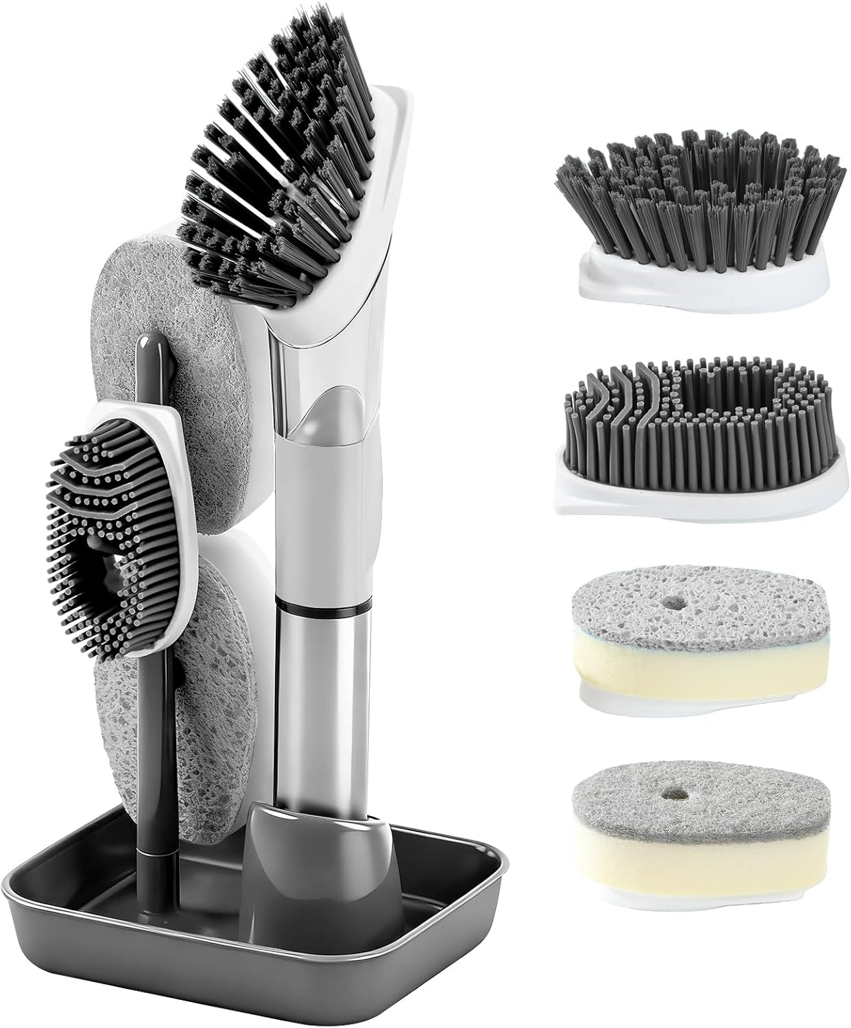 Soap Dispensing Scrub Brush - 4-in-1 Kitchen Cleaning Brush with Built-in Tank, Scraper Heads for Stubborn Grime on Pots Pans, Stand/Hang Storage-Blue
