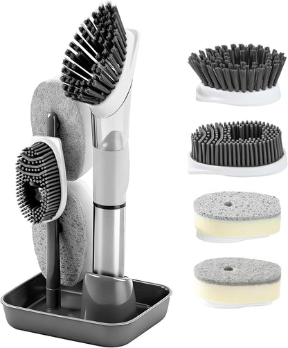 Soap Dispensing Scrub Brush - 4-in-1 Kitchen Cleaning Brush with Built-in Tank, Scraper Heads for Stubborn Grime on Pots Pans, Stand/Hang Storage-Blue