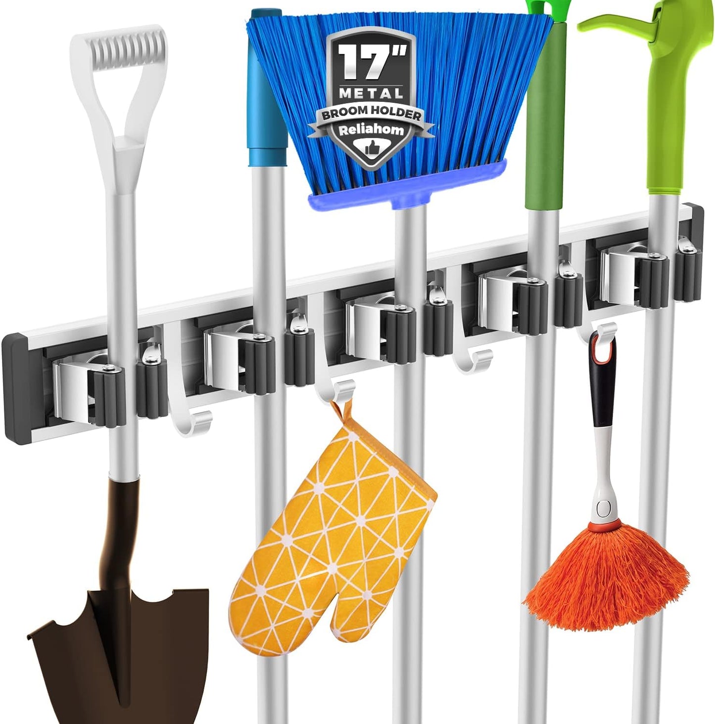 reliahom Adjustable Broom Holder Wall Mount, Mop Storage Tool Racks, Broom Hanger Tool Organizer for Garage, Kitchen, Garden, Laundry Room, 4 Racks 5 Hooks Silver