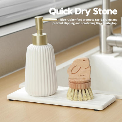 2PCS Water Absorbing Stone Drying Tray Mat for Bathroom Sink & Kitchen Counter Faucet Organizer, Quick Dry Dish Rack Soap Dispenser Sponge Holder, Vanity Sink Caddy Bar Coaster, Ivory White 8“x 4”