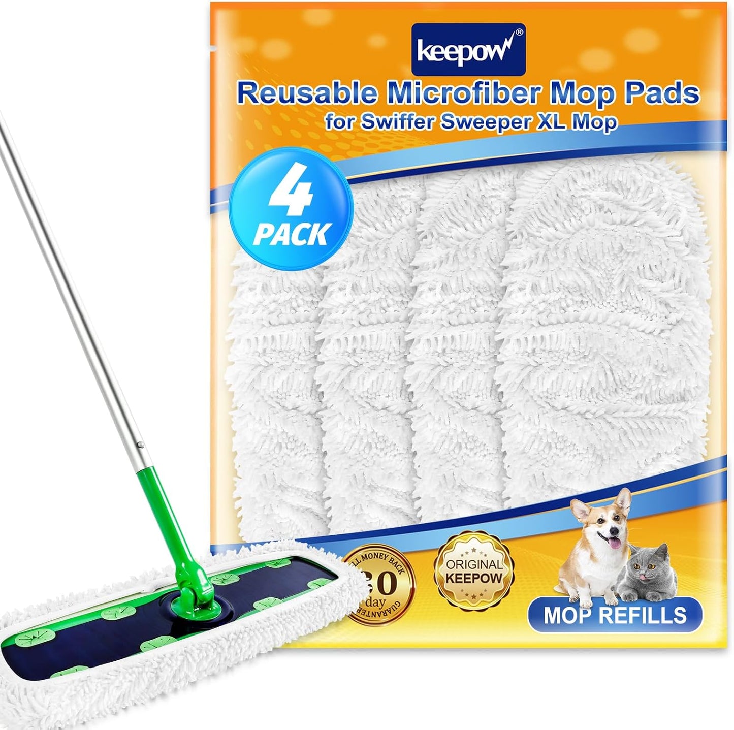 KEEPOW Reusable XL Mop Pads Compatible with Swiffer XL Sweeper, X-Large Dry Sweeping Cloths, Wet Mopping Cloths, Washable Microfiber XL Wet Pads Refills for Surface/Hardwood Floor Cleaning, 4 Pack