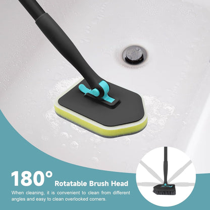 nacena Shower Scrubber with Long Handle, 3 in 1 Tile Tub Scrubber Brush with 3 Detachable Cleaning Heads Adjustable Handle Shower Cleaner Brush for Bathroom, Kitchen, Toilet, Wall, Sink, Blue White