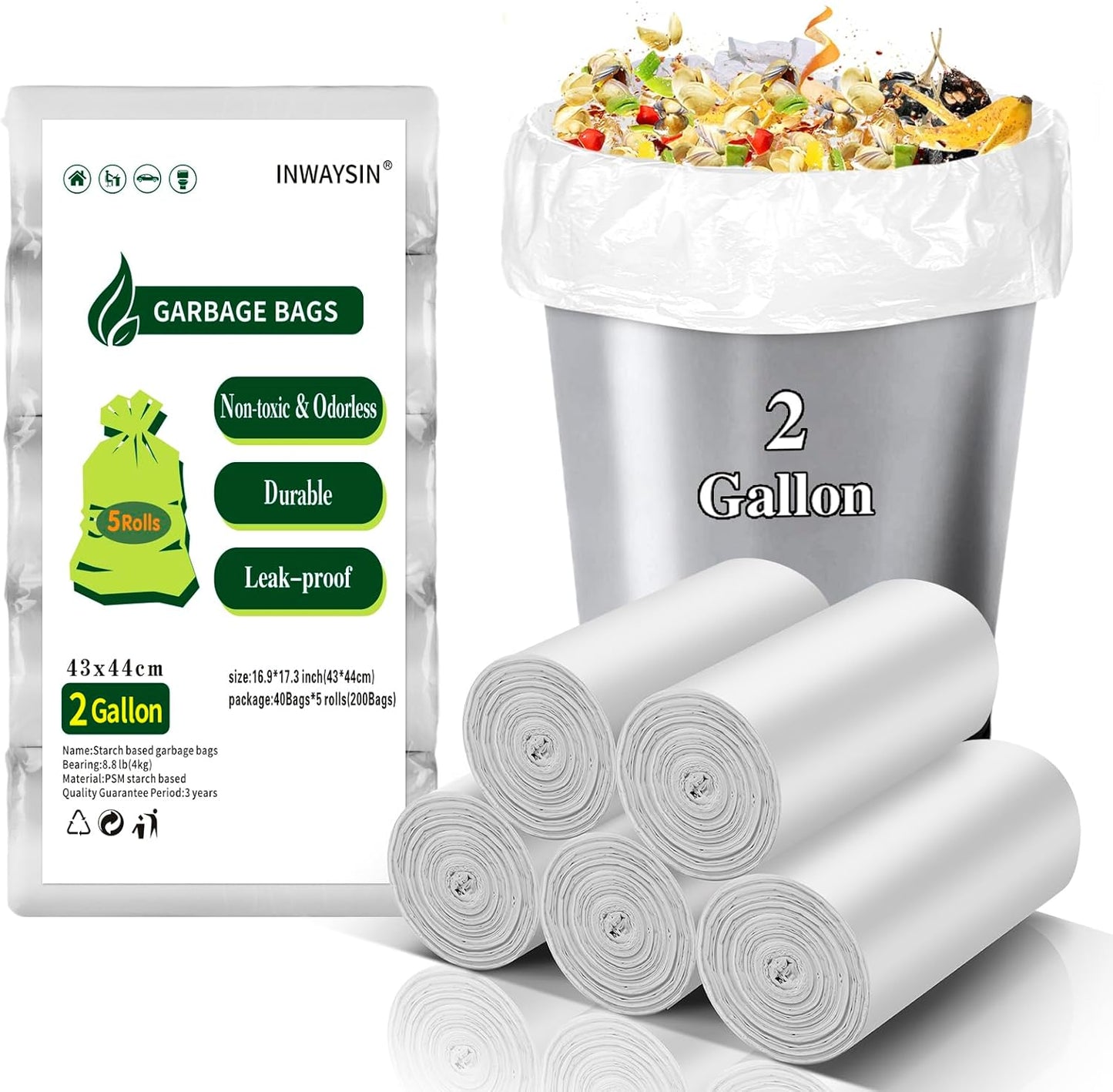 Small Trash Bags, Inwaysin Small Garbage Bags 4-6 Gallon Biodegradable Can Liners Thicken, Size Expanded, White 200 Counts