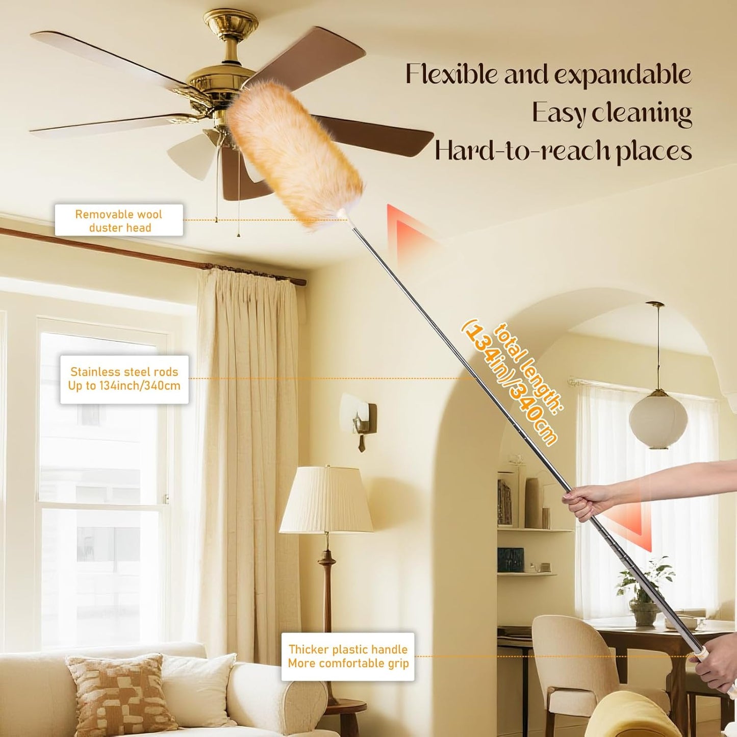 Extendable Lambswool Duster Stainless Steel Handle 133" Removable Feather Duster for Cleaning Ceiling Fans Interior Roof Furniture, Brown