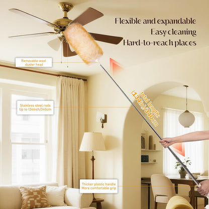 Extendable Lambswool Duster Stainless Steel Handle 133" Removable Feather Duster for Cleaning Ceiling Fans Interior Roof Furniture, Brown
