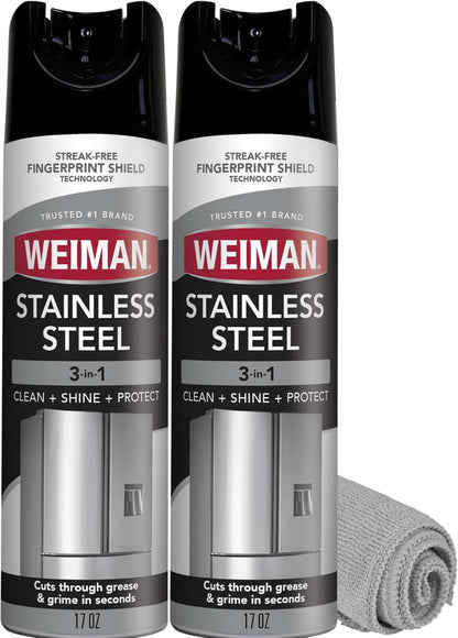 Weiman Stainless Steel Cleaner & Polish, 2 Pack Aerosol, Anti Fingerprint Spray Stainless Steel Cloth, Water Spots & Grease, No Streaks or Residue, Safe for Metal Polish, Chrome, Appliances & Sinks
