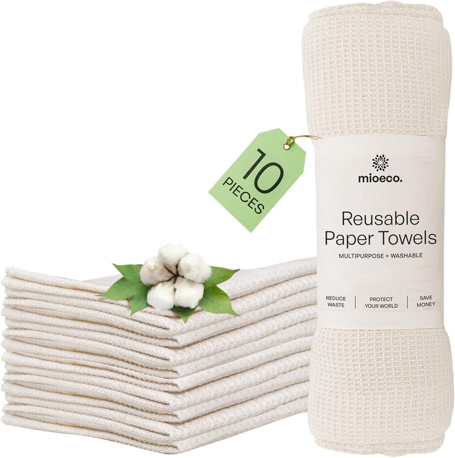 mioeco 20 Pack Reusable Kitchen Paper Towels Washable - Super Absorbent Natural unPaper Towels - Natural Cotton - Reusable, Paperless Kitchen Dish Cloths - 100% Organic