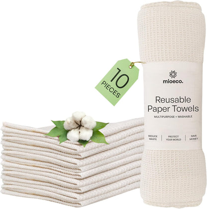 mioeco 20 Pack Reusable Kitchen Paper Towels Washable - Super Absorbent Natural unPaper Towels - Natural Cotton - Reusable, Paperless Kitchen Dish Cloths - 100% Organic