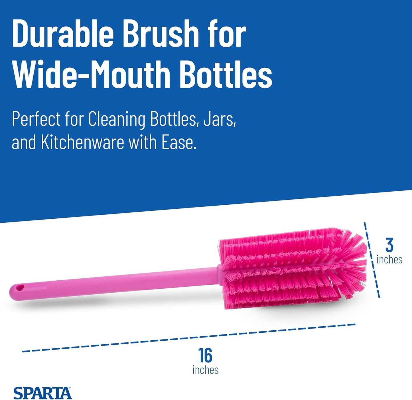 SPARTA Large Water Bottle Brush Ideal for Wide-Mouth Jars, Bottles and Tumblers, Dishwashing Tool with Handle for Home and Commercial Kitchens, Plastic, 12 Inches, White