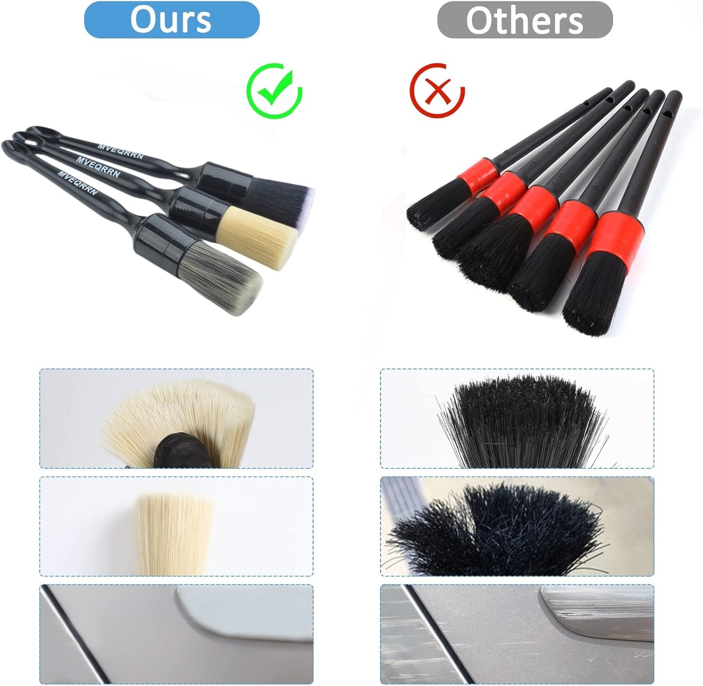 MVEQRRN 6pcs Car Detailing Brush Set-2pcs Boars Hair Car Detailing Brushes,2pcs Ultra Soft No Scratch Detailing Brush for Air Vent,Leather Seat 2pcs Detail Brushes car Detailing for Interior Exterior