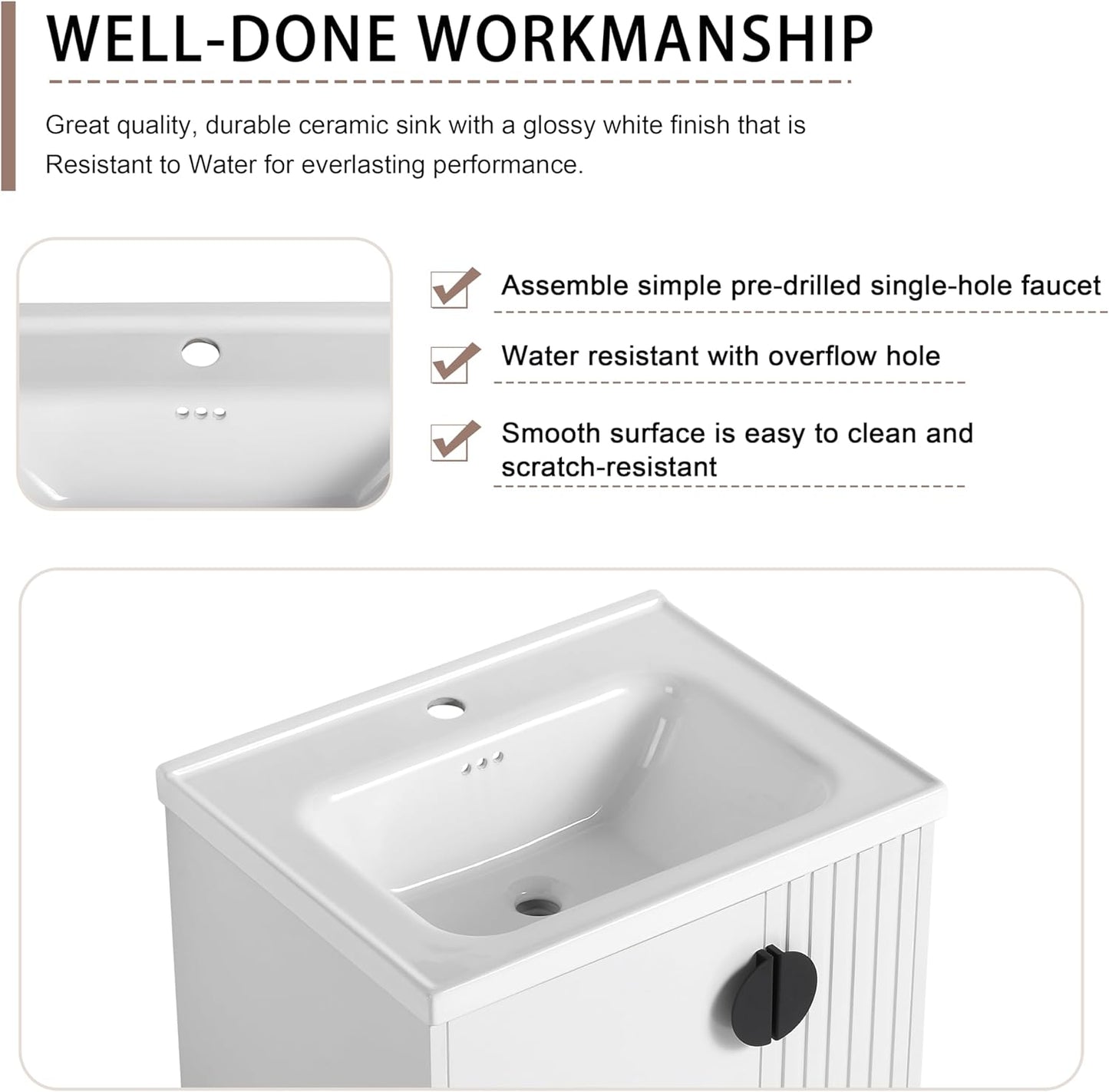 SSLine Modern 24-Inch Bathroom Vanity with Sink Wall Mounted Bathroom Vanity with Top Basin & Storage Cabinet White Wood Floating Vanity w/Ceramic Sink & Gold/Black Handles for Small Space