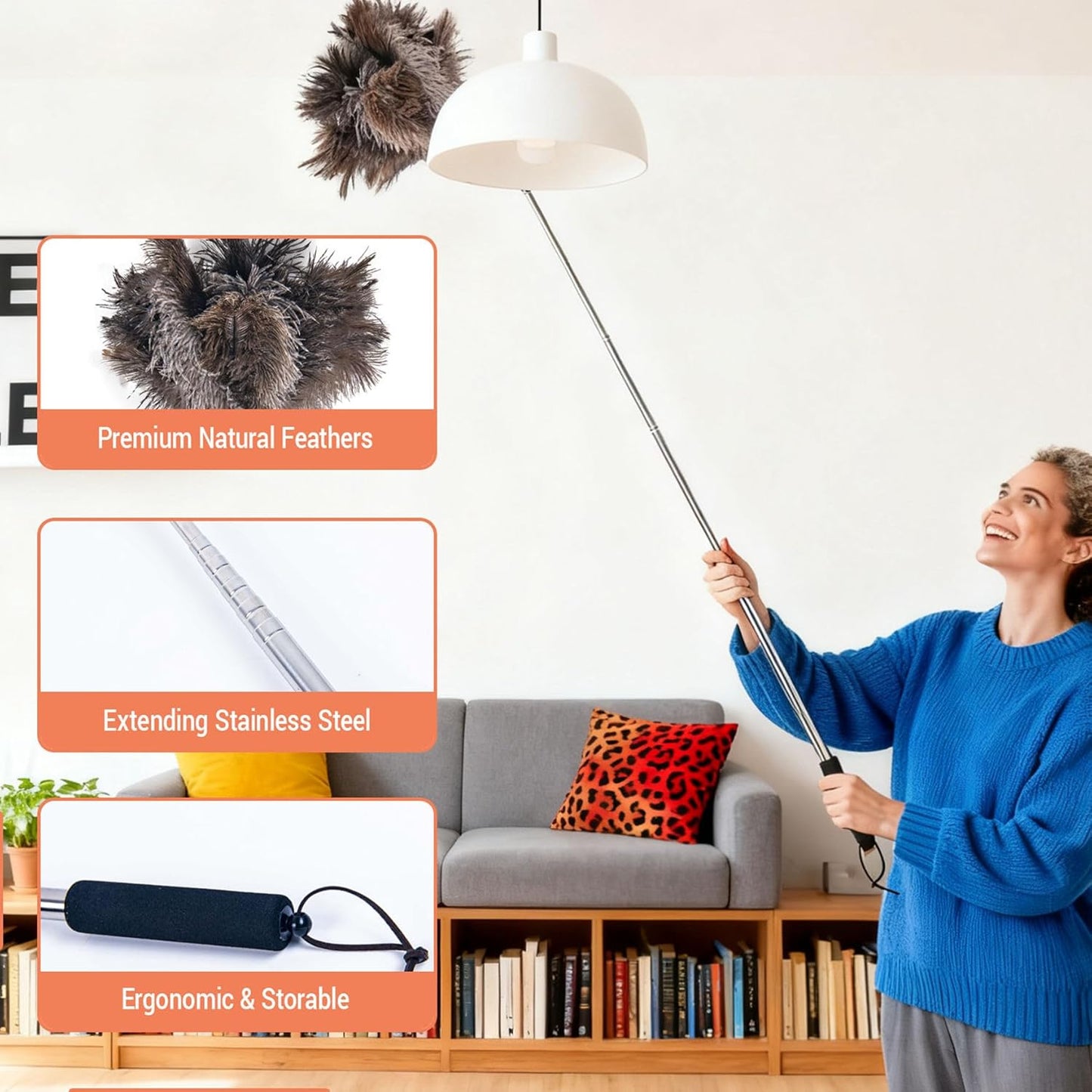Extendable Ostrich Feather Duster, Natural Ostrich Feathers Long Handle Duster for Cleaning, 47” Soft & Fluffy Feather Duster for High Ceilings, Fans, Walls, Furniture, Home Dusting