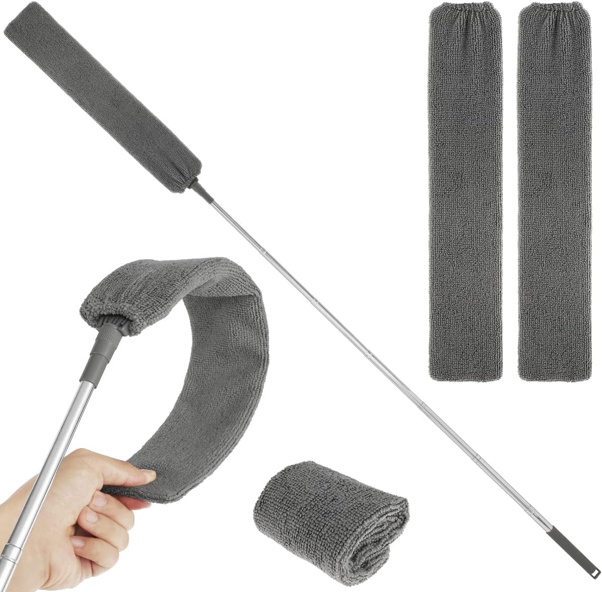 Gap Dust Cleaner Retractable Microfiber Gap Dust Brush Flexible Long Flat Gap Duster with Extendable Pole and Cloth Cover for Sofa Bed Furniture Bottom Ceiling Fan Blinds(Grey)