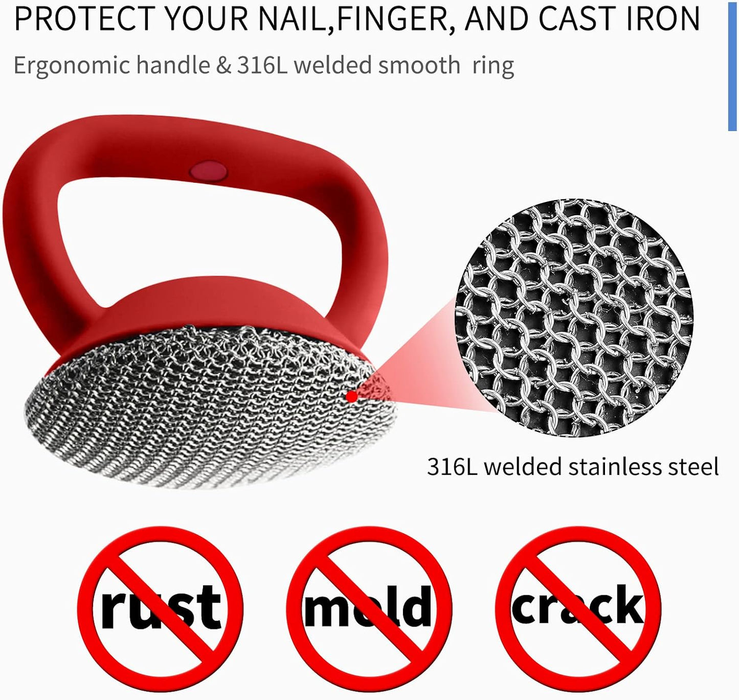 Cast Iron Cleaner Scrubber with Heavy Duty Handle, 3mm Welded Chain Mail Scrubber for Pan Pot Cleaning - Small Ring Chainmail Scrubber Metal Scrub Sponge Skillet, Oven, Griddle, Wok Brush