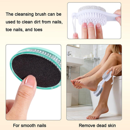 Foot File Callus Remover 5-in-1, 2 Pcs Feet Scraper Pedicure Tools with Pumice Stone, Scrubber Brush, Stainless Steel Foot Rasp and Sand Paper Debris Catcher, Multi Purpose, Cyan