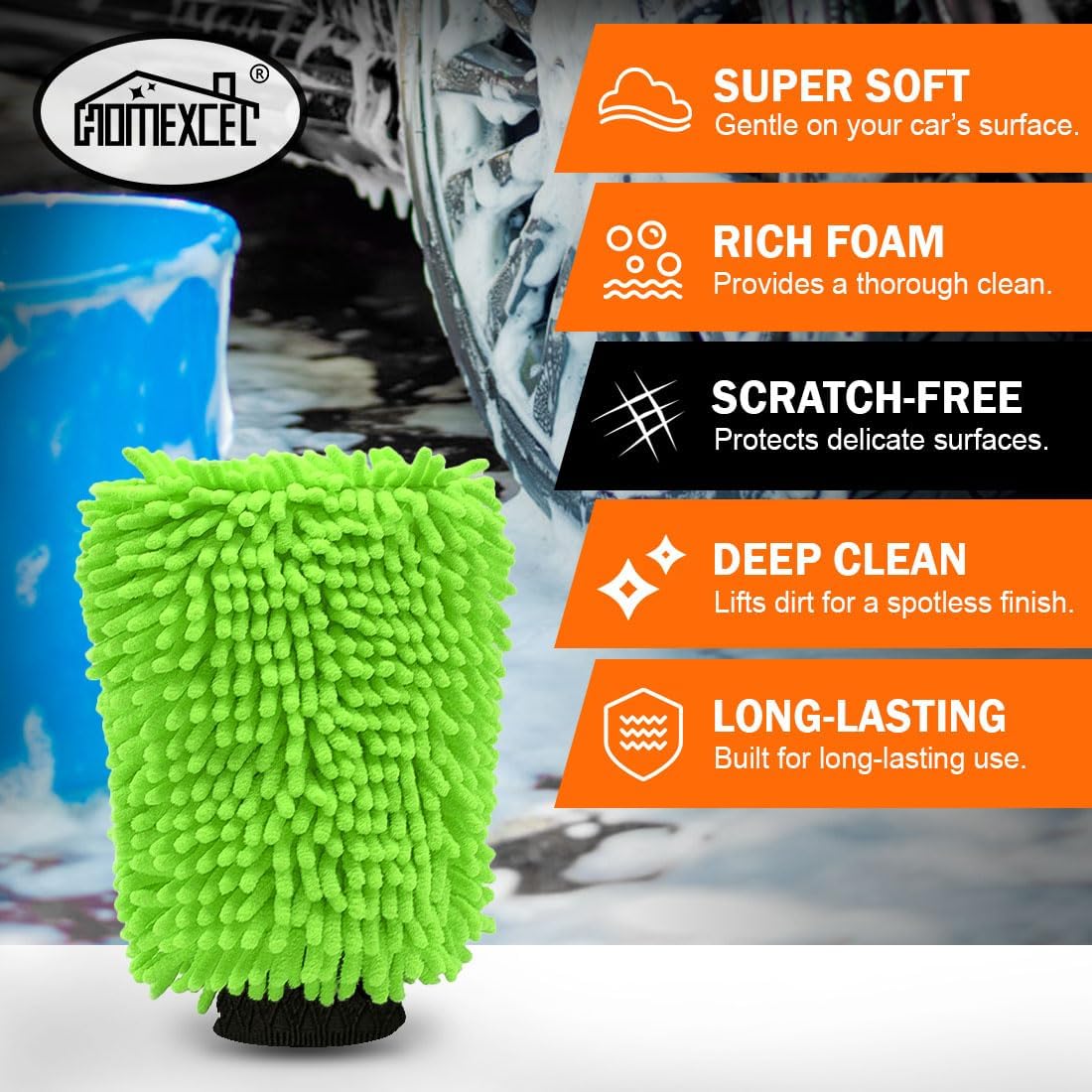 HOMEXCEL Car Wash Mitt, 2PK Chenille Microfiber Wash Mitt, Scratch-Free & Lint-Free, Rich Foam, Highly Absorbent, Double Sided, Perfect for Car Washing and Detailing, 10.2" x 6.7 ", Grey