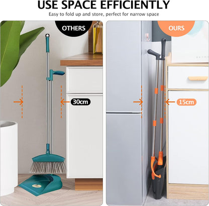 Broom and Dustpan Set with Long Handle, Light Weight Stainless Steel Poles Stand Upright Dustpans with Broom Combo for Home Kitchen Office Pet Dog Hair, Brown & Beige Color, 1-Pack