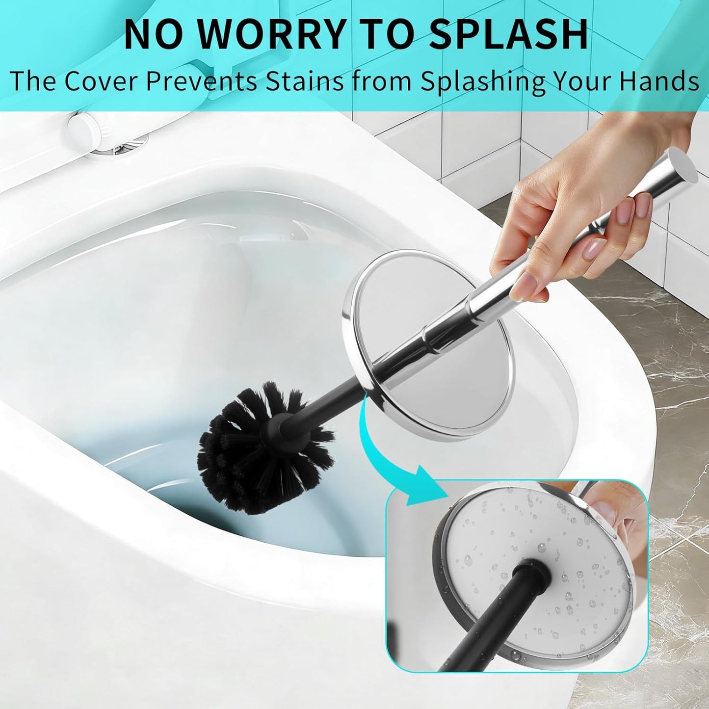 Chrome Toilet Brush and Holder Set,304 Stainless Steel Toilet Brush for Bathroom with Long Handle, Heavy Duty Toilet Bowl Brush,Removable Inner Bowl and Splash Protection,Deep Cleaning