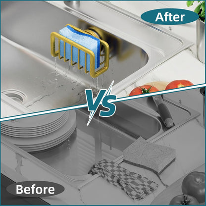 TAILI 4-in-1 Sink Caddy with Strong Suction Cup, Sponge Holder for Kitchen Sink Organizer, Removable, Rustproof, Stainless Steel Holder for Sponge, Brush, Scrubber, Scraper - Silver
