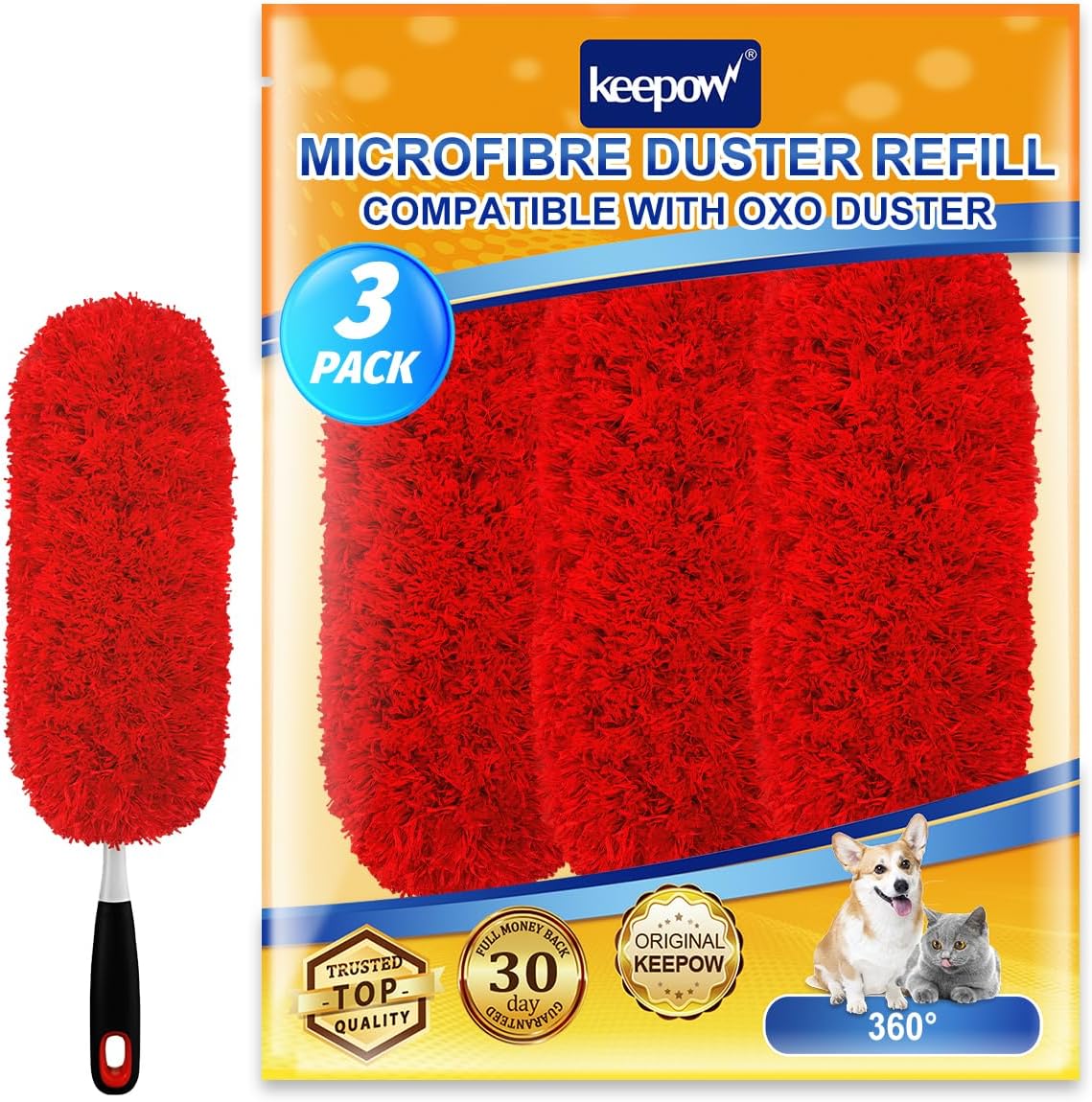 KEEPOW 3 Pack Microfiber Reusable Duster Refills Compatible with OXO Duster, Washable Dusters for Cleaning Compatible with OXO Extendable Duster for Blinds Ceiling(Handle is Not Included)