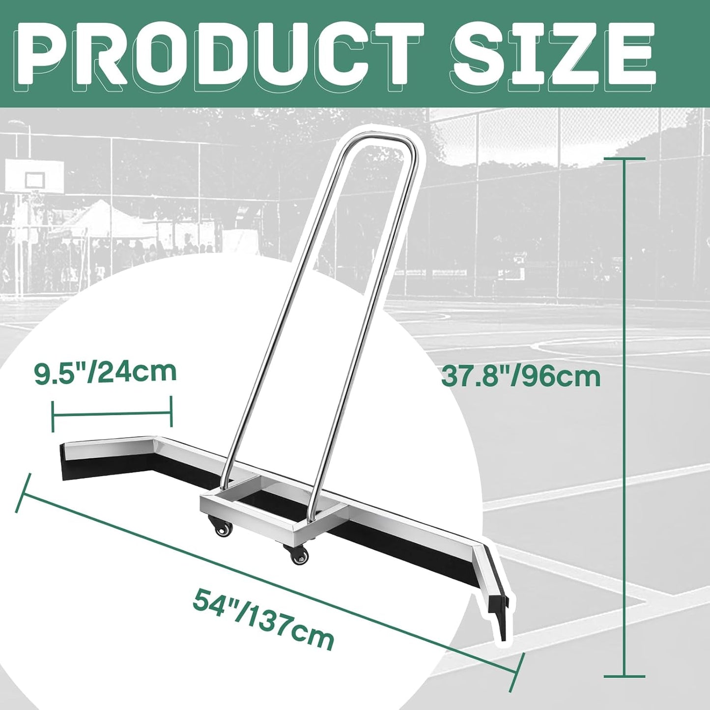 Leyndo Tennis Court Squeegee 54 inches Floor Broom Commercial with Handle and Wheels Professional Water Remover Stainless Steel Sport Court Accessories, Silver