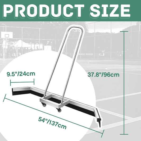 Leyndo Tennis Court Squeegee 54 inches Floor Broom Commercial with Handle and Wheels Professional Water Remover Stainless Steel Sport Court Accessories, Silver