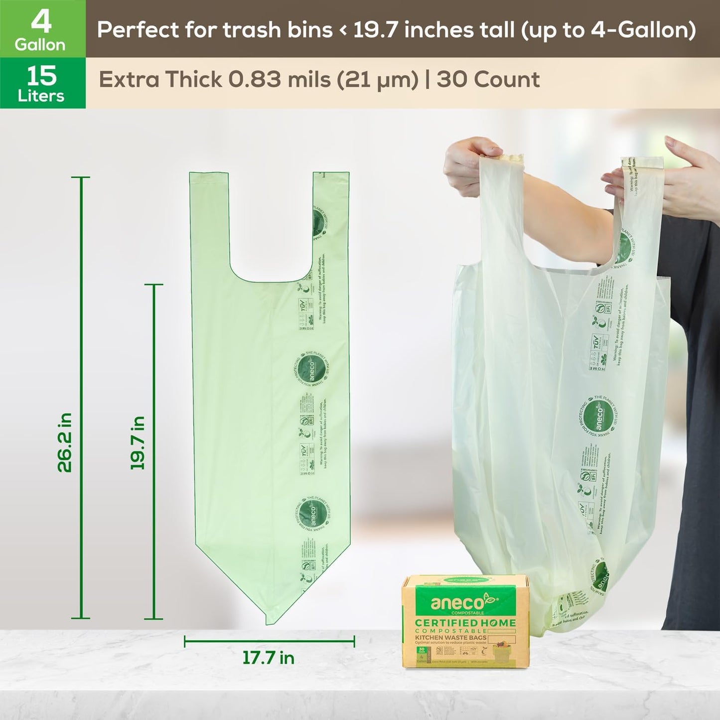 (Include 10 Bonus Bags) ANECO 100% Compostable Waste Bags 2.6 Gallon, Extra Thick Kitchen Small Compost Bags for Countertop Bin, 110 Count (100 + 10 Extra)