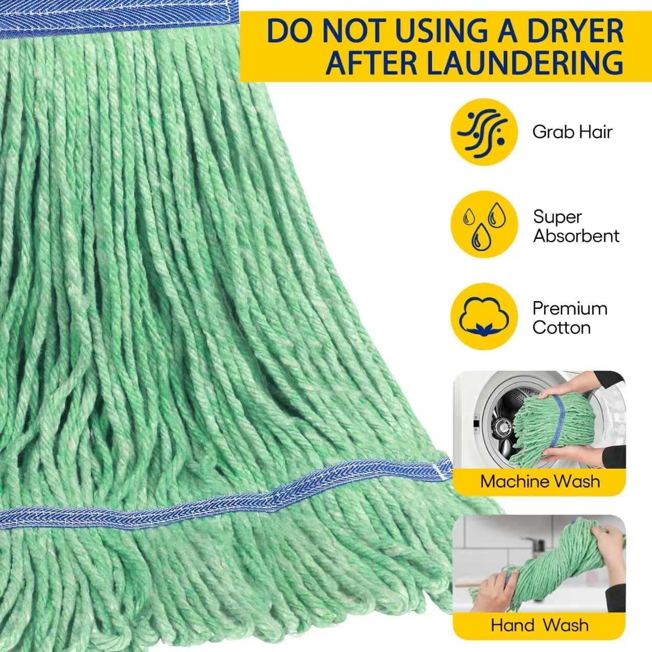 Matthew Cleaning Heavy Duty Mop Head Commercial Replacement for General and Floor Cleaning , Wet Industrial Blue Cotton Looped End String Head Refill (Pack of 6) Blue