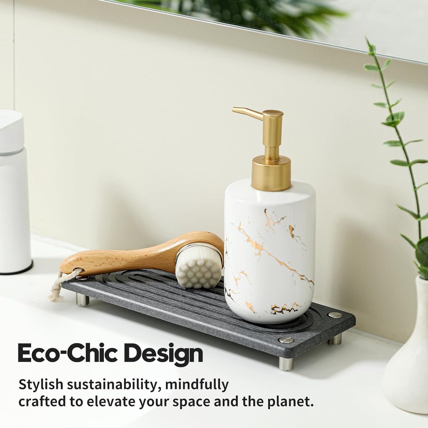 Razborci Water Absorbing Stone Sink Caddy, Diatomite Kitchen Sink Organizer, Bathroom Counter Tray, Faucet Drying Mat Coaster Soap Dish Rack Riser Dispenser Sponge Holder, Silver, White 10" x 4"